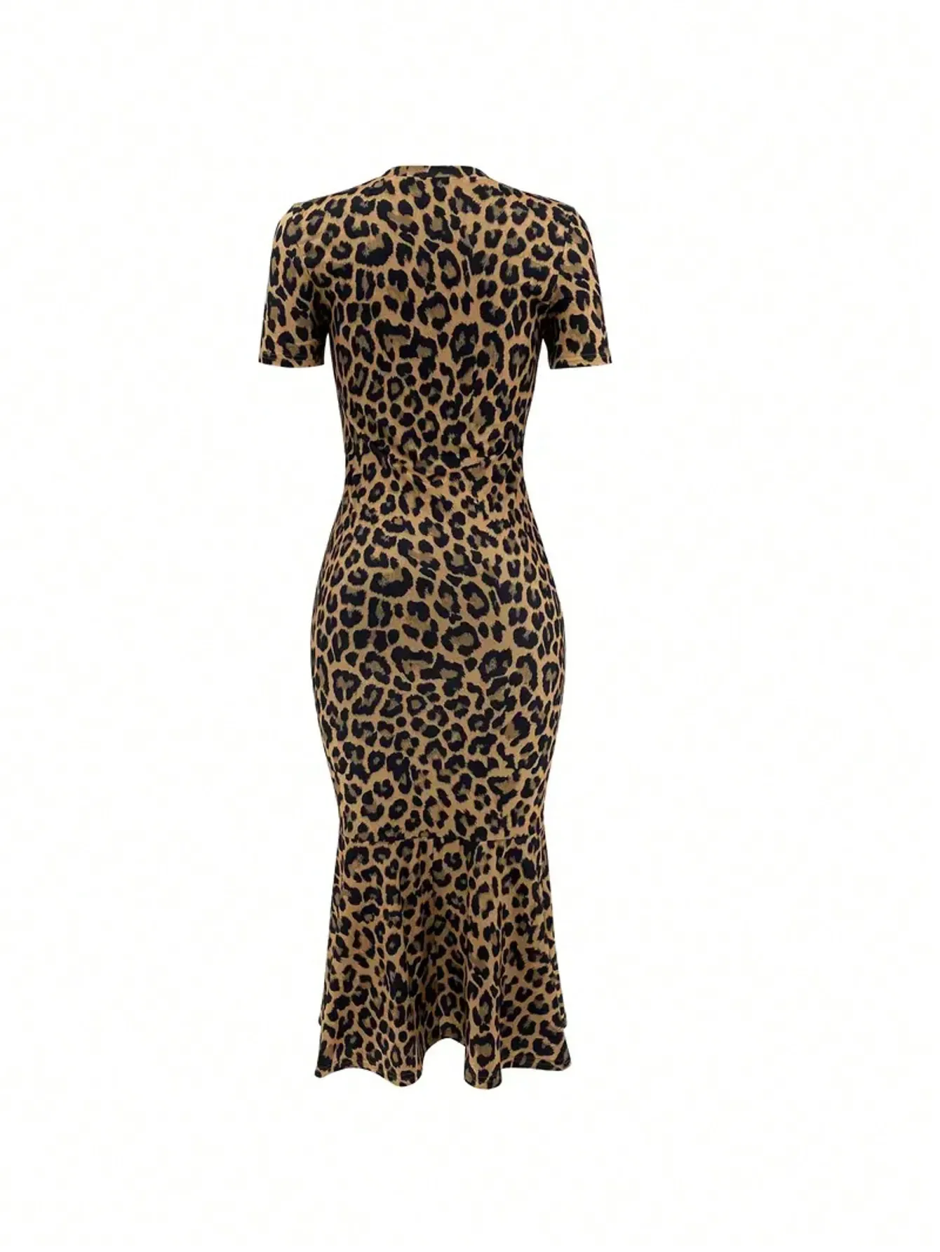 Spring Summer Fashion European Style Leopard Print round Neck Short Sleeve Fish Tail Hem Long Dress - Image 2
