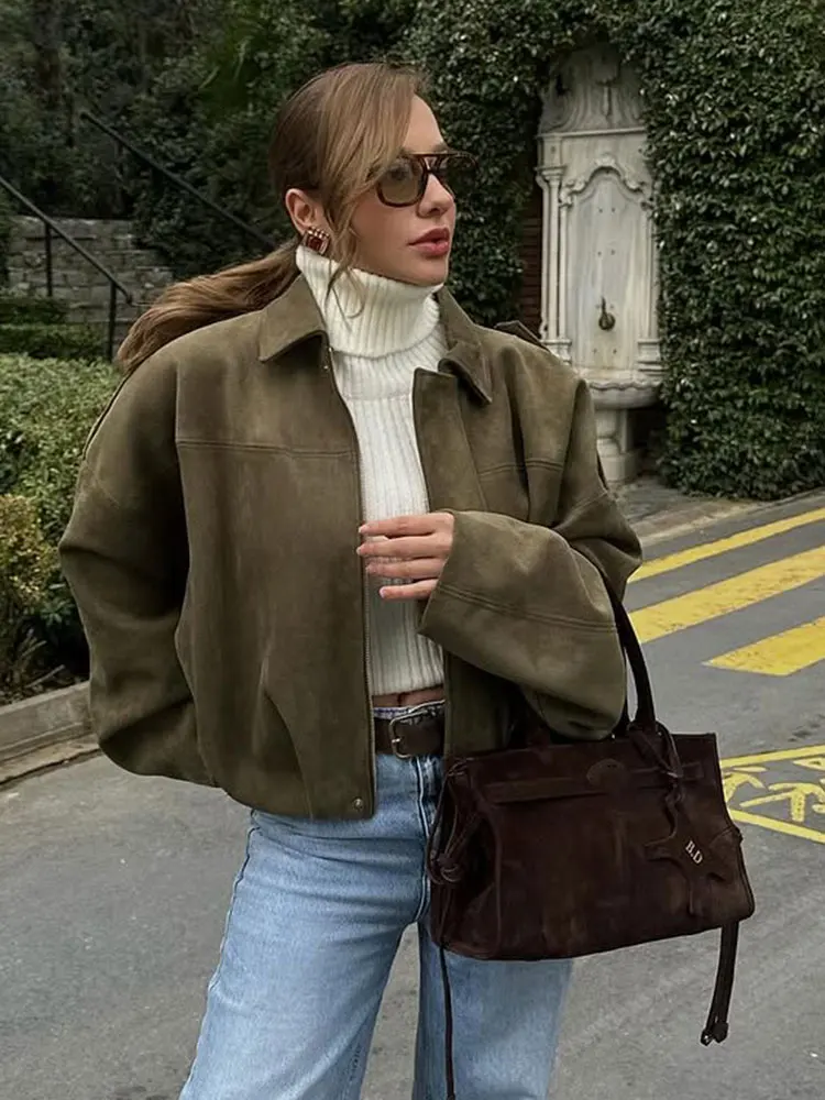 HH Women Brown Green Suede Jacket Loose Casual Bomber Coat Lapel Zipper Long Sleeve Jackets Vintage Lady Motorcycle Outwears - Image 3