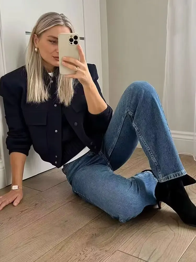 Women Fashion With Pockets Bomber Jacket Coats Vintage Long Sleeve Front Button Casual Female Outerwear Chic Tops - Image 4