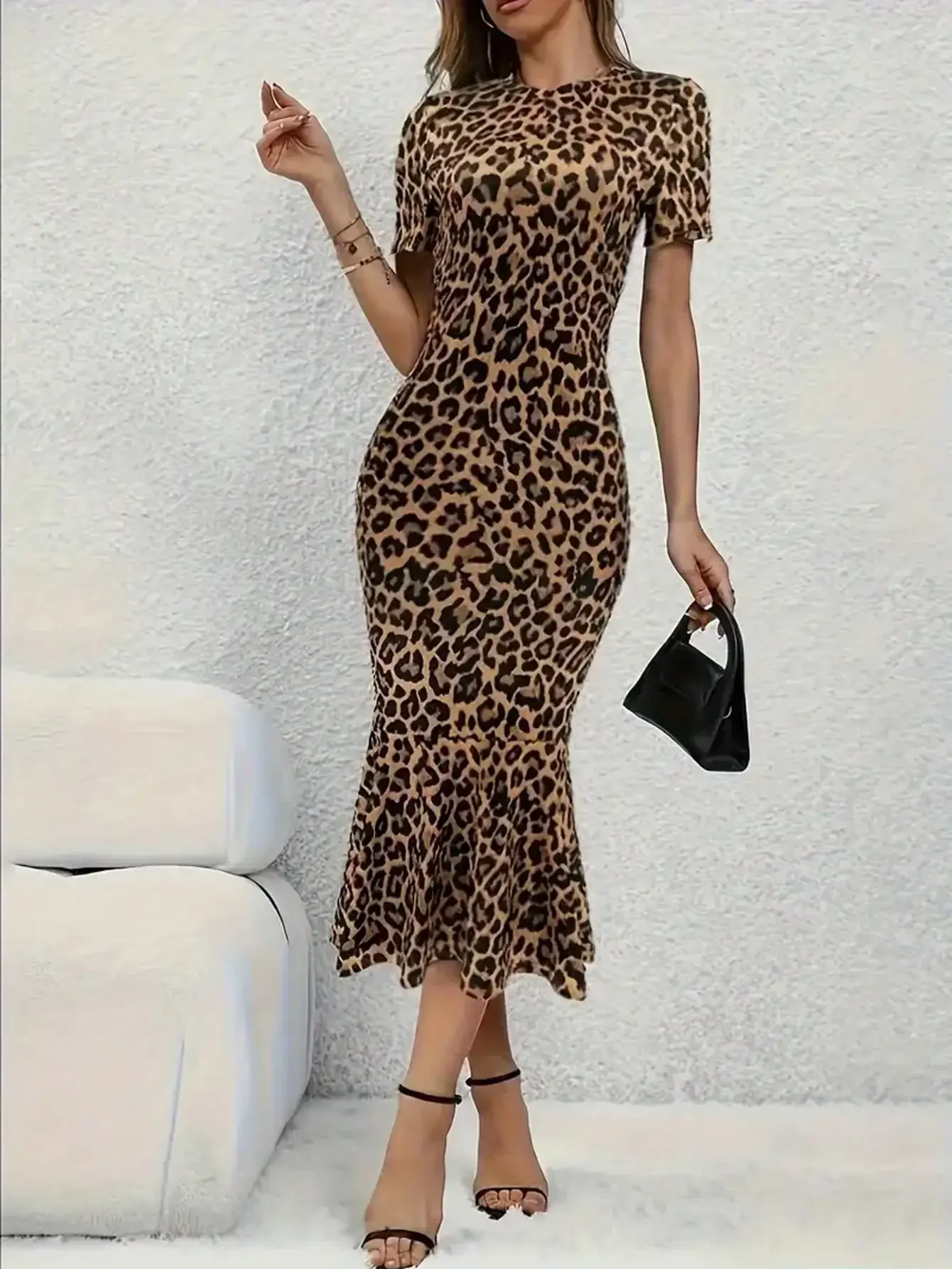 Spring Summer Fashion European Style Leopard Print round Neck Short Sleeve Fish Tail Hem Long Dress - Image 5