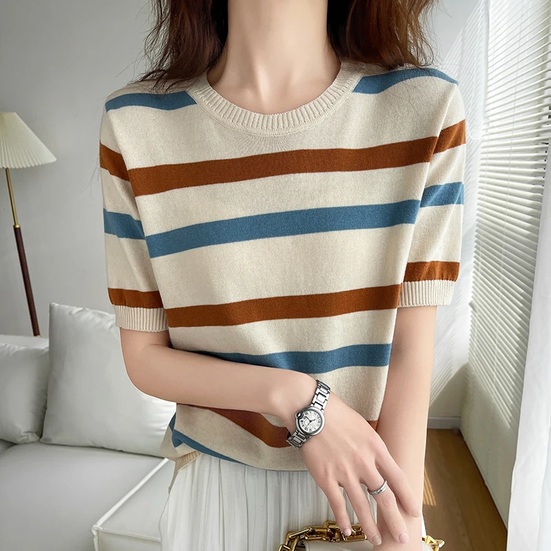 Women's T-Shirt Summer 100% Cotton Sweater Short Sleeve Striped Knitted Round Neck Ladies Tops Loose Blouse Pullover Tees - Image 4