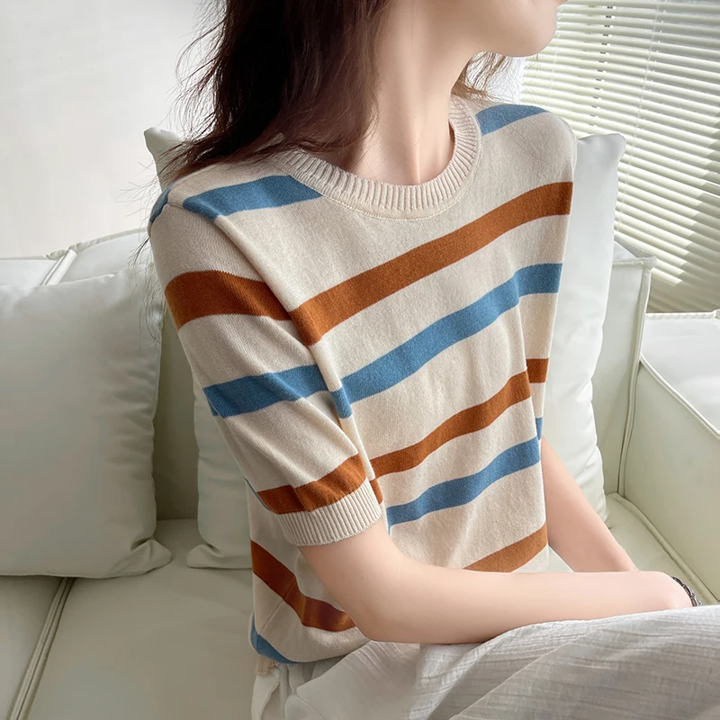 Women's T-Shirt Summer 100% Cotton Sweater Short Sleeve Striped Knitted Round Neck Ladies Tops Loose Blouse Pullover Tees - Image 5