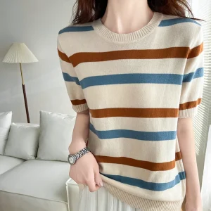 Women's T-Shirt Summer 100% Cotton Sweater Short Sleeve Striped Knitted Round Neck Ladies Tops Loose Blouse Pullover Tees