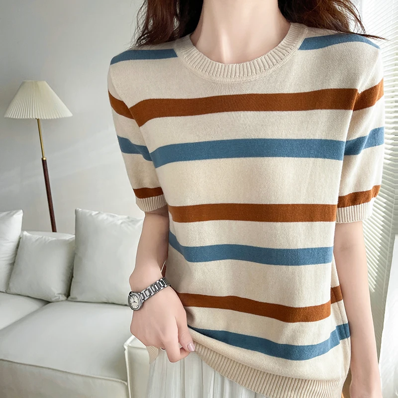 Women's T-Shirt Summer 100% Cotton Sweater Short Sleeve Striped Knitted Round Neck Ladies Tops Loose Blouse Pullover Tees