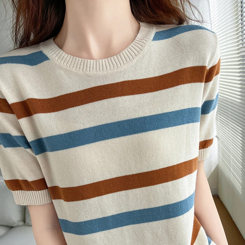 Women's T-Shirt Summer 100% Cotton Sweater Short Sleeve Striped Knitted Round Neck Ladies Tops Loose Blouse Pullover Tees - Image 3