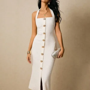 Ivory Tweed Halter Midi Dress With Gold Rose Buttons | Elegant Bouclé Column,Tweed Midi Dress, Halter Neck Dress, Boucle Bodycoo