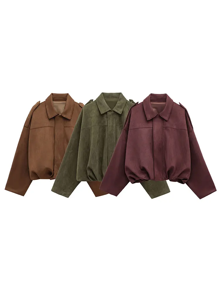 HH Women Brown Green Suede Jacket Loose Casual Bomber Coat Lapel Zipper Long Sleeve Jackets Vintage Lady Motorcycle Outwears - Image 2