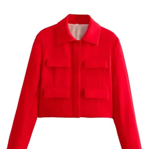 HH Spring Jacket For Women Slim Cropped Coat Elegant Solid Long Sleeve Jacket Front Flap Pocket Outerwear Fashion Streetwear