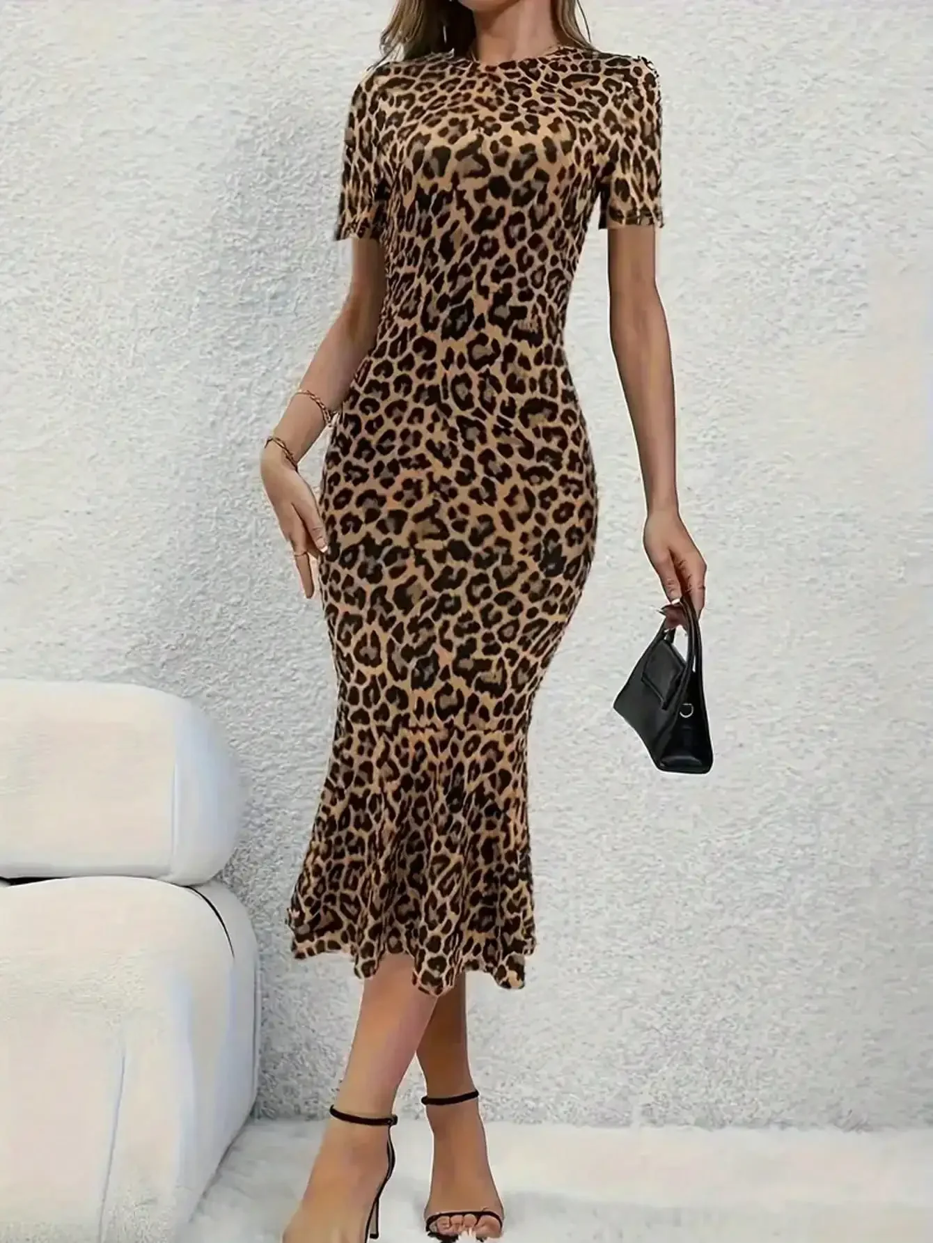 Spring Summer Fashion European Style Leopard Print round Neck Short Sleeve Fish Tail Hem Long Dress - Image 4