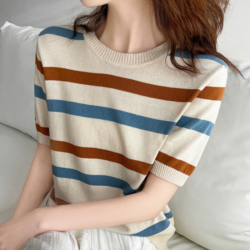Women's T-Shirt Summer 100% Cotton Sweater Short Sleeve Striped Knitted Round Neck Ladies Tops Loose Blouse Pullover Tees - Image 6