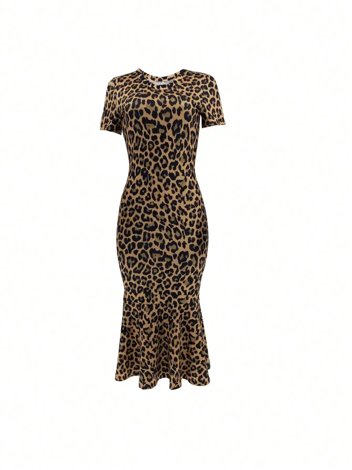 Spring Summer Fashion European Style Leopard Print round Neck Short Sleeve Fish Tail Hem Long Dress - Image 3