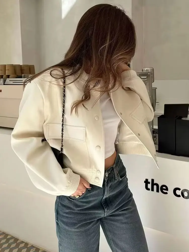 Women Fashion With Pockets Bomber Jacket Coats Vintage Long Sleeve Front Button Casual Female Outerwear Chic Tops - Image 5