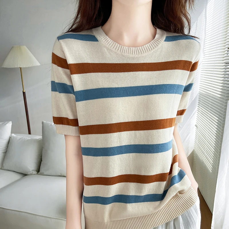 Women's T-Shirt Summer 100% Cotton Sweater Short Sleeve Striped Knitted Round Neck Ladies Tops Loose Blouse Pullover Tees - Image 2